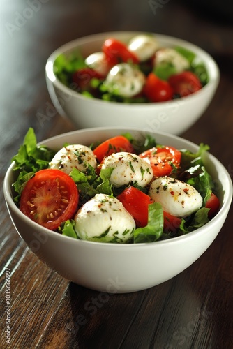 Fresh salad with mozzarella and cherry tomatoes served in elegant bowls on a ...