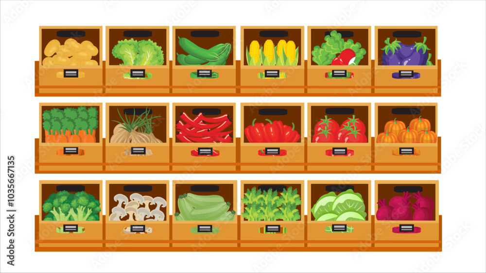 Obraz premium Vegitables in supermarket grocery store shelves,farm market boxes,shop product display.vector illustration.