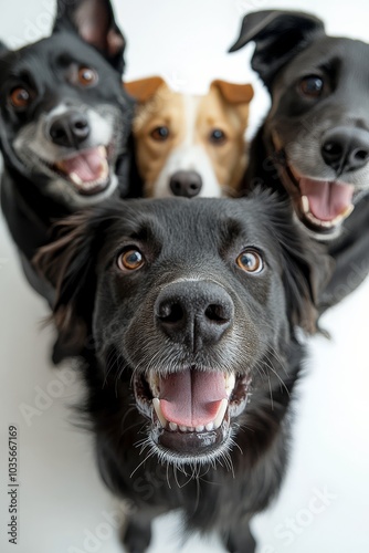 Four happy dogs posing together in a cozy indoor setting during daylight