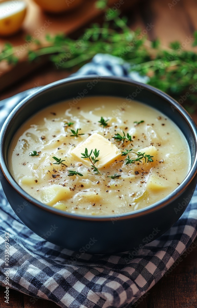 Creamy homemade potato soup served with butter and herbs on a rustic wooden table Creamy homemade potato soup served with butter and herbs on a rustic wooden table
