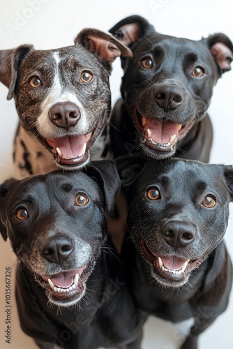 Four happy dogs posing together in a cozy indoor setting during daylight