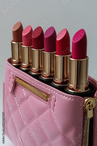 A stylish pink pouch holding five vibrant lipsticks arranged in a neat row