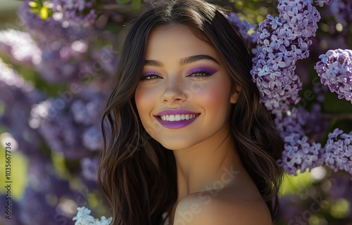 A young woman smiles joyfully among vibrant lilac blossoms in a sunny garden ...