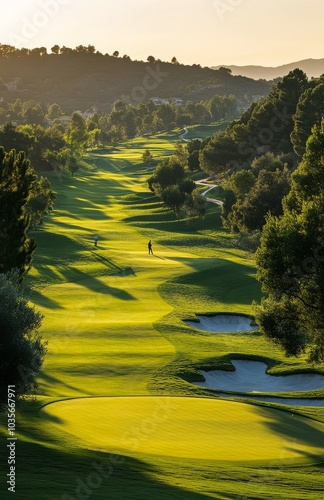 A serene late afternoon on the golf course with lush green fairways and dista...