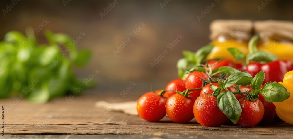 Fresh tomatoes with basil leaves on a rustic wooden table, perfect for culinary presentations and healthy food recipes. Fresh tomatoes with basil leaves on a rustic wooden table, perfect for culinary presentations and healthy food recipes.