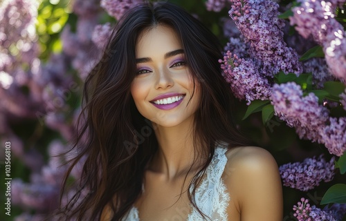 A young woman smiles joyfully among vibrant lilac blossoms in a sunny garden ...