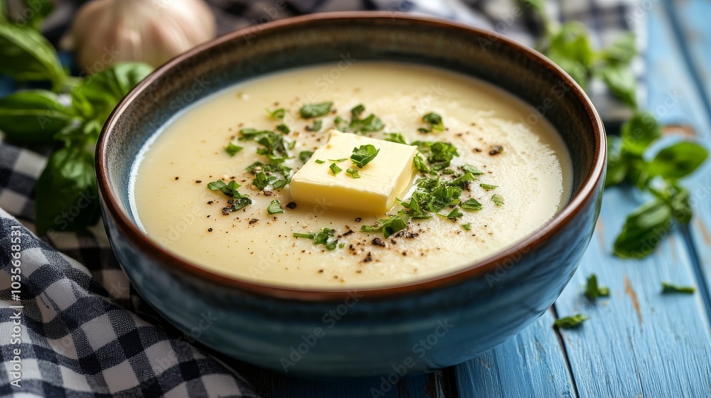 Creamy homemade soup topped with fresh herbs and butter served in a rustic bowl Creamy homemade soup topped with fresh herbs and butter served in a rustic bowl
