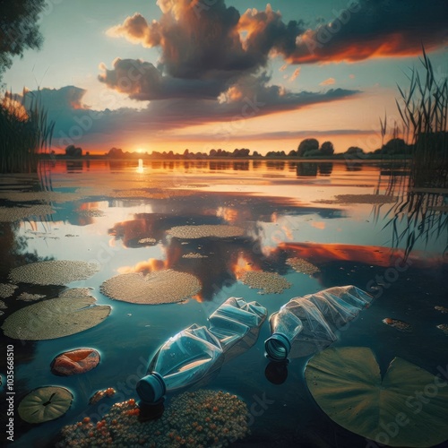 Plastic Bottles Floating in a Serene Lake at Sunset, Highlighting the Contrast Between Nature's Beauty and Environmental Pollution, Emphasizing the Need for Conservation Efforts