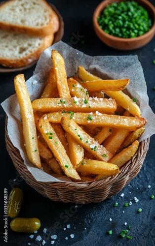 Freshly cooked golden fries served in a basket with garnishes and sides on a ...