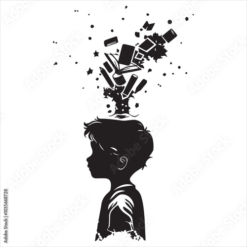 simple logo of the silhouette of a little boy with objects coming out of a book on his head representing imagination, on white background