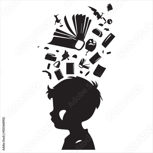 simple logo of the silhouette of a little boy with objects coming out of a book on his head representing imagination, on white background