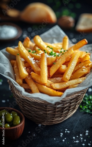 Freshly cooked golden fries served in a basket with garnishes and sides on a ...