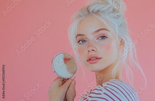 Young woman holding a small mirror and posing against a pink background in so...