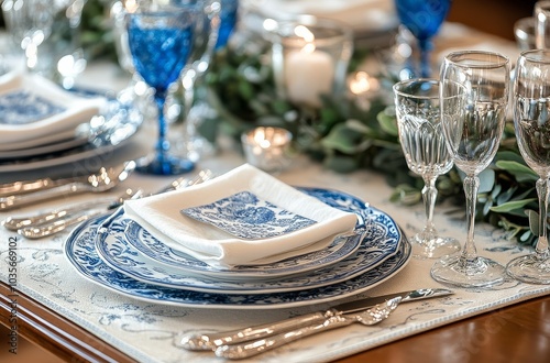 Elegant table setting with blue accents at a dining event during daylight