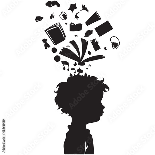 simple logo of the silhouette of a little boy with objects coming out of a book on his head representing imagination, on white background