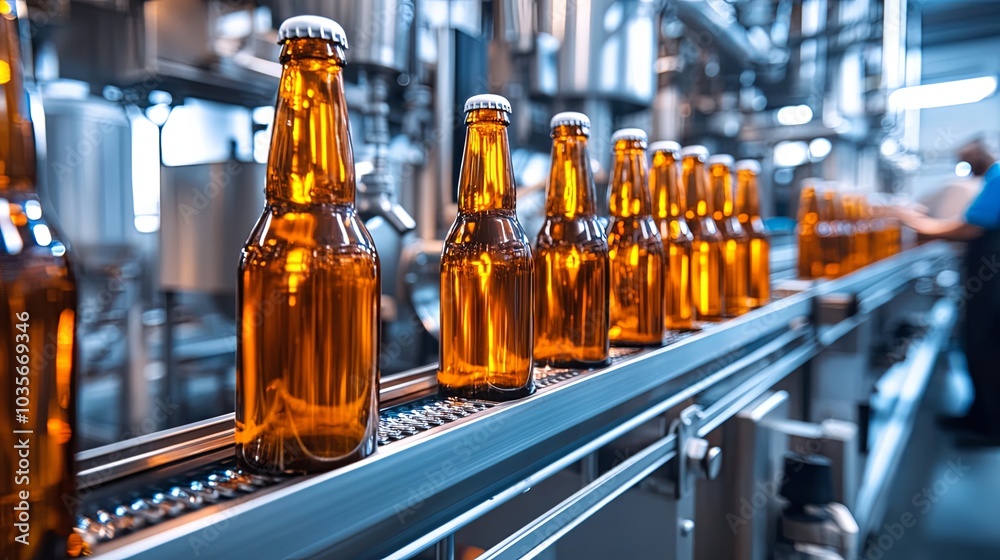 Bottling Process: Conveyor Belt with Glass Bottles in a Brewery Bottling Process: Conveyor Belt with Glass Bottles in a Brewery