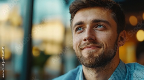 Confident young entrepreneur in close-up, slightly smiling as they gaze into the distance, reflecting their future goals and ambition, professional setting behind