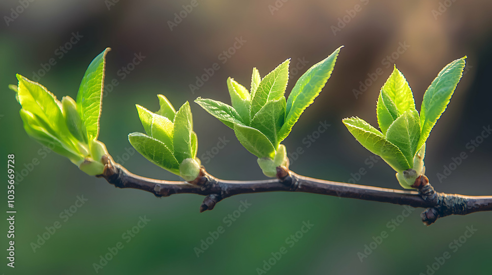Close-Up of a Branch with Delicate Bright Green Leaves Against a Soft Background Close-Up of a Branch with Delicate Bright Green Leaves Against a Soft Background