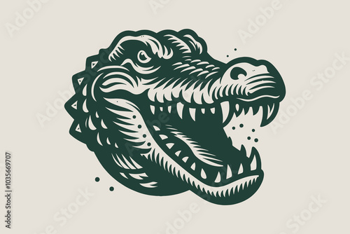 Crocodile, alligator. Scary toothy head. Old engraving vector retro illustration, sketch, emblem