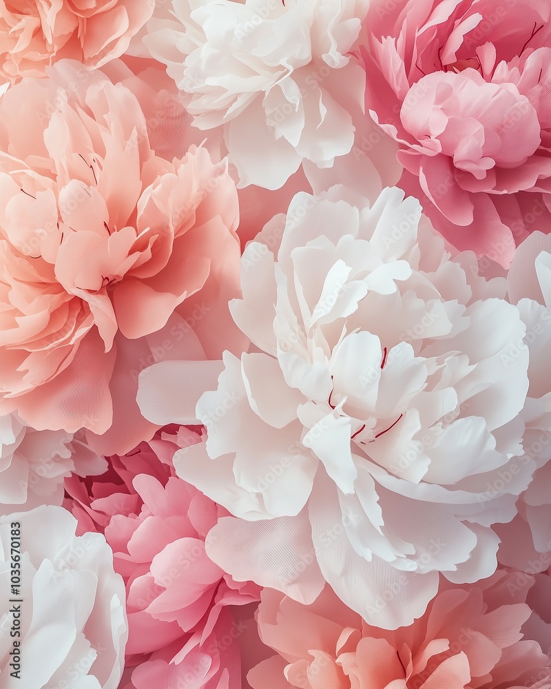 Fototapeta premium Soft pastel peonies in full bloom, delicate floral background, pink and white flowers, romantic wedding decor, springtime beauty, feminine floral arrangement, nature-inspired elegance, greeting card 