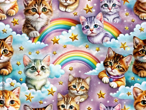 Colorful Watercolor Clipart of Rainbows, Cats, and Stars for Whimsical Designs