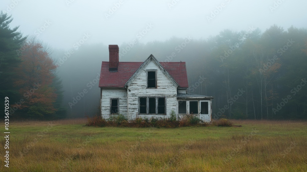 A haunted house with boarded-up windows and a leaning chimney, surrounded by a foggy forest, offering large copy space in the front yard for text or graphics A haunted house with boarded-up windows and a leaning chimney, surrounded by a foggy forest, offering large copy space in the front yard for text or graphics