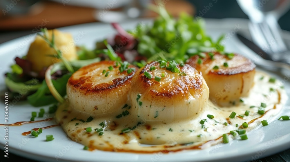 A beautifully plated portion of potato scallops with a creamy cheese sauce, garnished with chives and served with a side salad A beautifully plated portion of potato scallops with a creamy cheese sauce, garnished with chives and served with a side salad