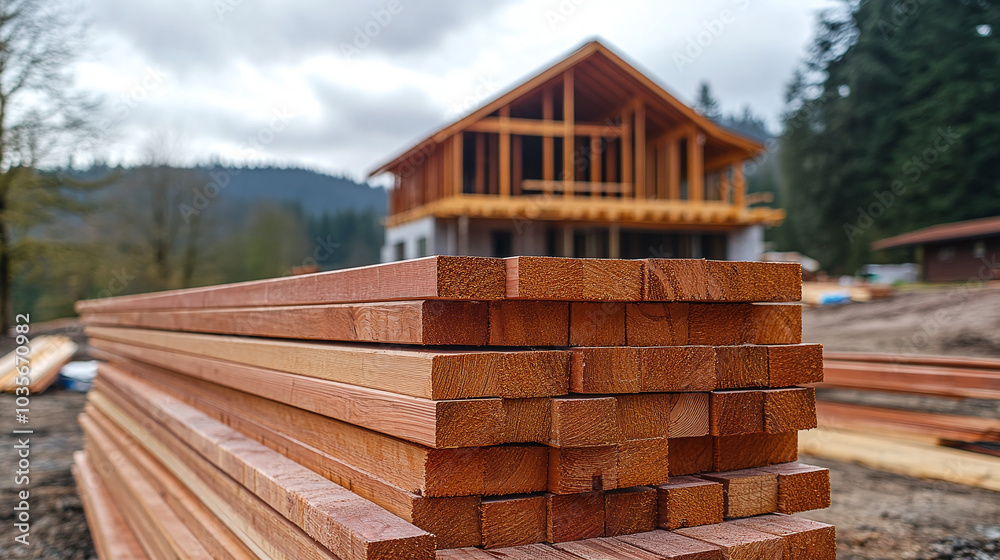 Neatly stacked lumber at a construction site, with a modern wooden house in progress in the background. The site is surrounded by a forested landscape, adding natural charm Neatly stacked lumber at a construction site, with a modern wooden house in progress in the background. The site is surrounded by a forested landscape, adding natural charm