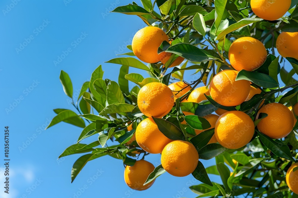 Lush Orange Tree Loaded with Ripe Oranges Against a Clear Blue Sky Lush Orange Tree Loaded with Ripe Oranges Against a Clear Blue Sky