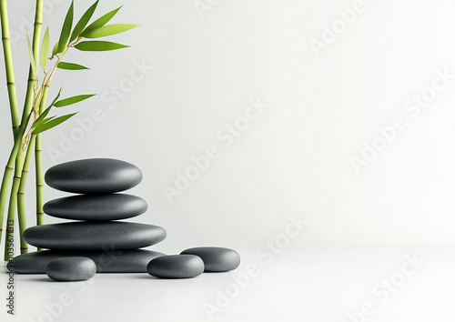 Zen. A pile of stones with a bamboo 