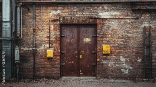 A brick wall with an entrance to a transformer, marked by asymmetrical metal doors, merging utility with industrial design