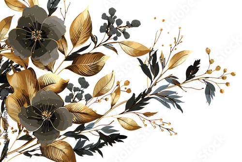 Design with gold, textured foil and black, jewelry orchids with ornamental plants and black leaves on black background.