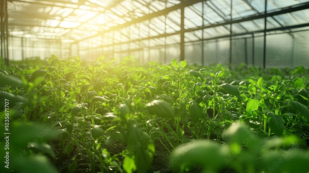 Green Leaves Growing in a Greenhouse Under Sunlight Green Leaves Growing in a Greenhouse Under Sunlight
