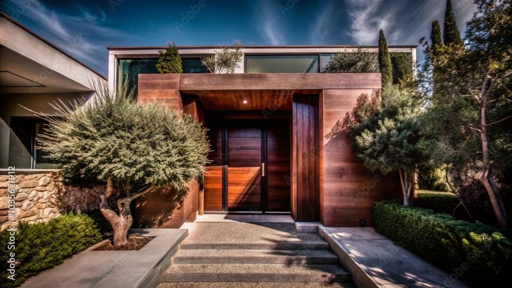 Fototapeta premium Contemporary House Entrance with Brown Wood Door in Athens, Greece - Modern Architecture Photography