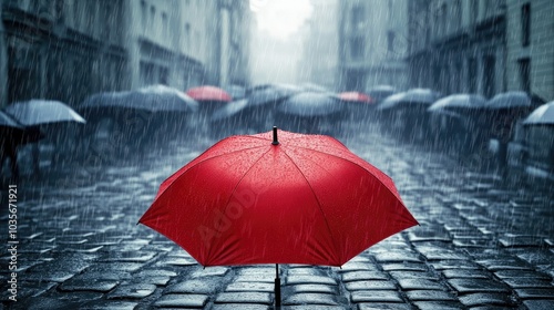 A bright red umbrella standing out in a sea of grey during a rainy urban morning.
