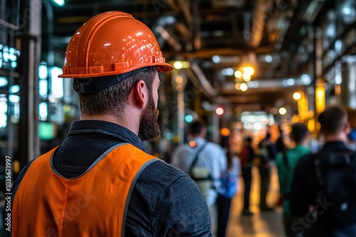 Visitors in safety gear explores a chemical production facility, surrounded by large industrial machinery, pipes, valves, and control panels. The room is brightly lit, filled with equipment