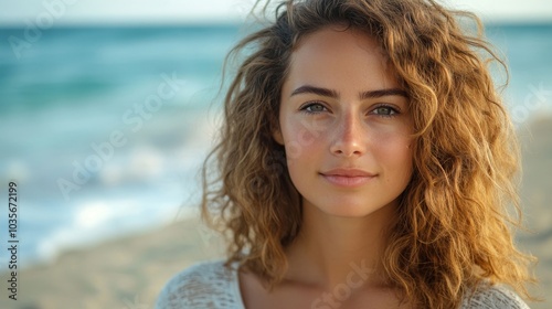 Portrait of a curly haired woman at the beach, Generative AI