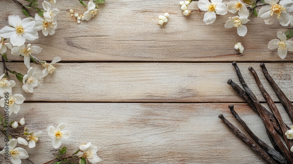 A charming scene with fresh vanilla sticks and flowers placed on a wooden background, inviting a sense of nature and warmth. A charming scene with fresh vanilla sticks and flowers placed on a wooden background, inviting a sense of nature and warmth.