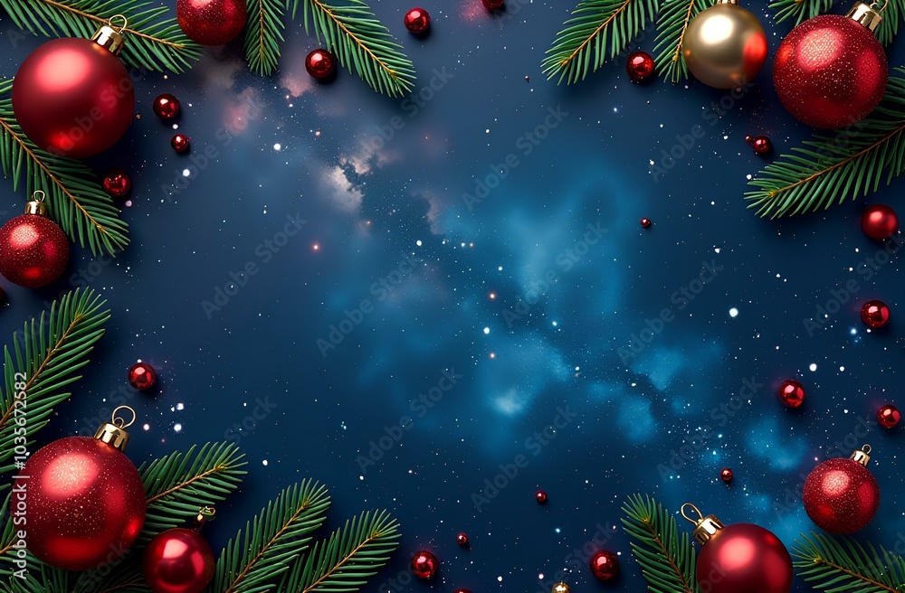 Christmas tree branches and red baubles on starry night sky background. Flat lay composition with copy space. Christmas holiday concept for greeting card and poster design. Christmas tree branches and red baubles on starry night sky background. Flat lay composition with copy space. Christmas holiday concept for greeting card and poster design.