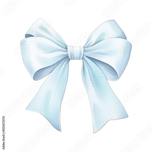 Elegant blue ribbon bow with soft shadows on a white background, perfect for decorations, gifts, or festive designs.