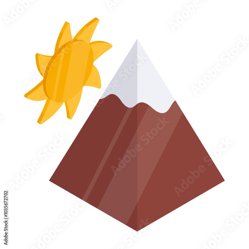 A unique design icon of mountains with sun showcasing hills weather 

