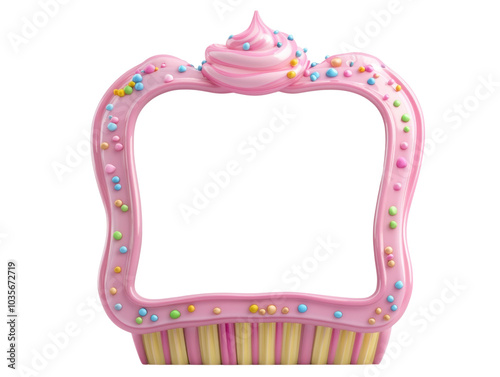 A whimsical pink cupcake frame designed for photos, featuring colorful sprinkles and a frosted top, perfect for parties or celebrations.