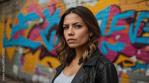 Urban Expression: A Portrait of Strength and Attitude Against a Vibrant Graffiti Background