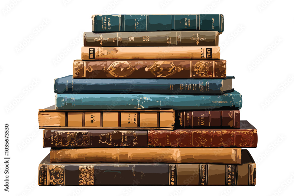A pile of old leather bound books isolated on a white background