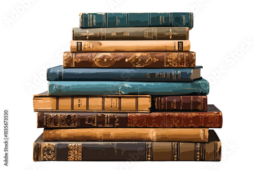A pile of old leather bound books isolated on a white background