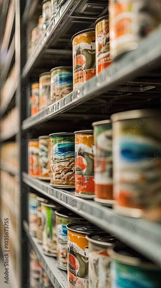 Fototapeta premium Canned Goods Stacked on Metal Shelves in a Grocery Store