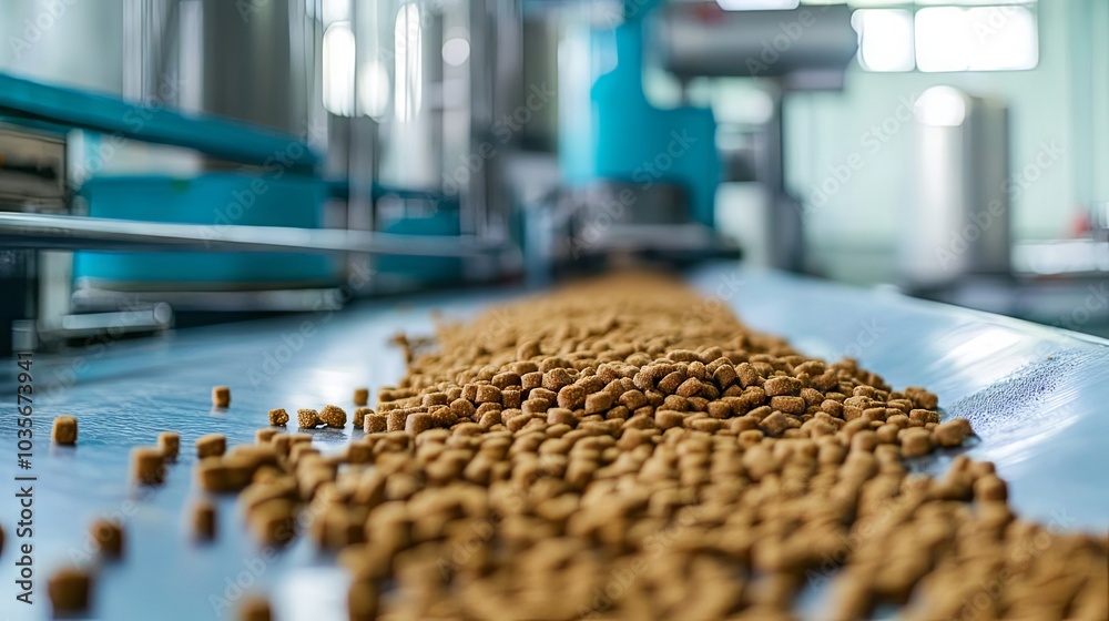 Pet Food Production: Kibble Conveyor Belt in Factory