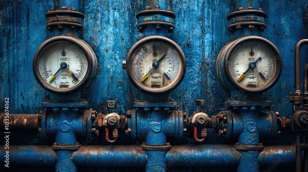 A close-up of three gauges against a backdrop of blue pipes, with sharp focus on the dials and their readings, illustrating the mechanics of fluid systems A close-up of three gauges against a backdrop of blue pipes, with sharp focus on the dials and their readings, illustrating the mechanics of fluid systems
