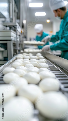 Mozzarella Cheese Production Line: Fresh Balls on Conveyor Belt