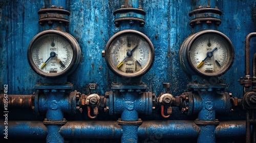 A close-up of three gauges against a backdrop of blue pipes, with sharp focus on the dials and their readings, illustrating the mechanics of fluid systems